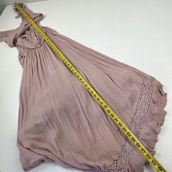 Free People Dress Womens Large Mauve Boho Maxi Lace Crochet Ruffle Smocked - Picture 13 of 14